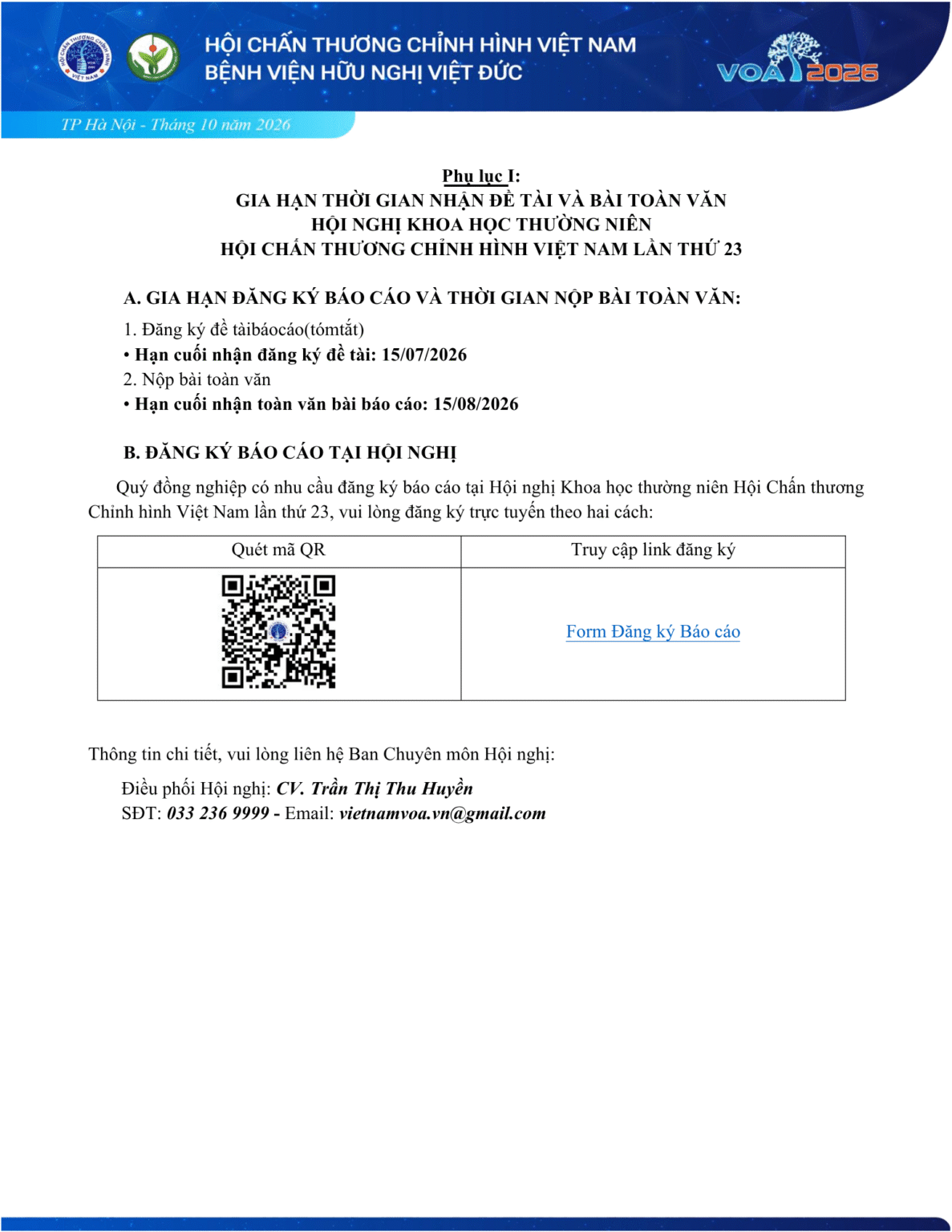 Thông báo số 3: Hội nghị Khoa học thường niên Hội Chấn thương Chỉnh hình Việt Nam lần thứ 23