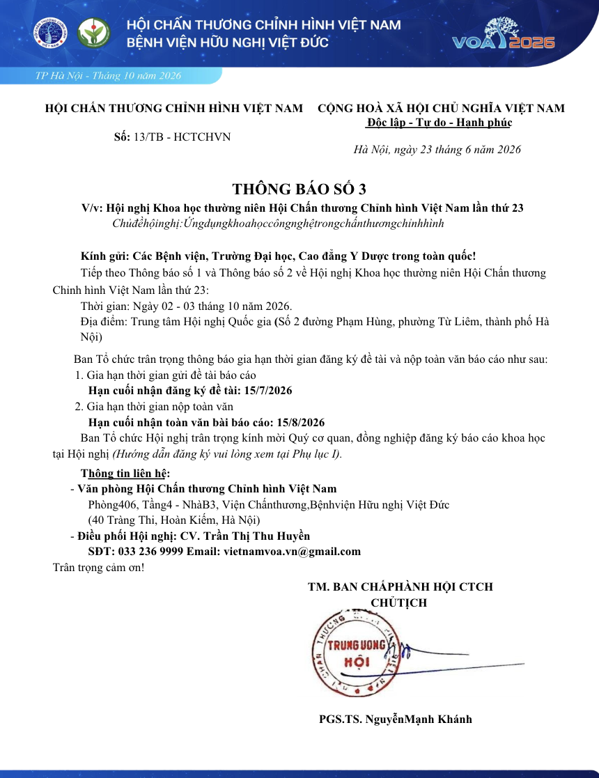 Thông báo số 3: Hội nghị Khoa học thường niên Hội Chấn thương Chỉnh hình Việt Nam lần thứ 23